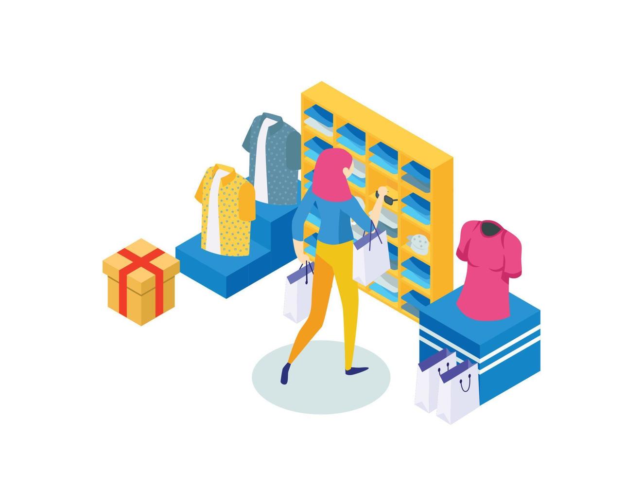 Isometric 3D illustration of shopping for clothes. Vector Illustration Suitable for Diagrams, Infographics and Other Graphical assets