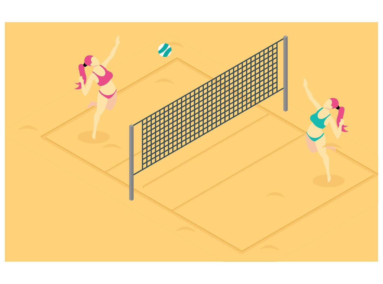 3d isométrico jugando voleibol de playa en arena de playa marrón. ilustración isométrica vectorial adecuada para diagramas, infografías y otros activos gráficos vector