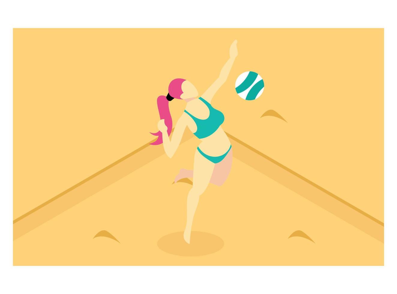 3D isometric playing beach volleyball on brown beach sand. Vector Isometric Illustration Suitable for Diagrams, Infographics, And Other Graphic assets