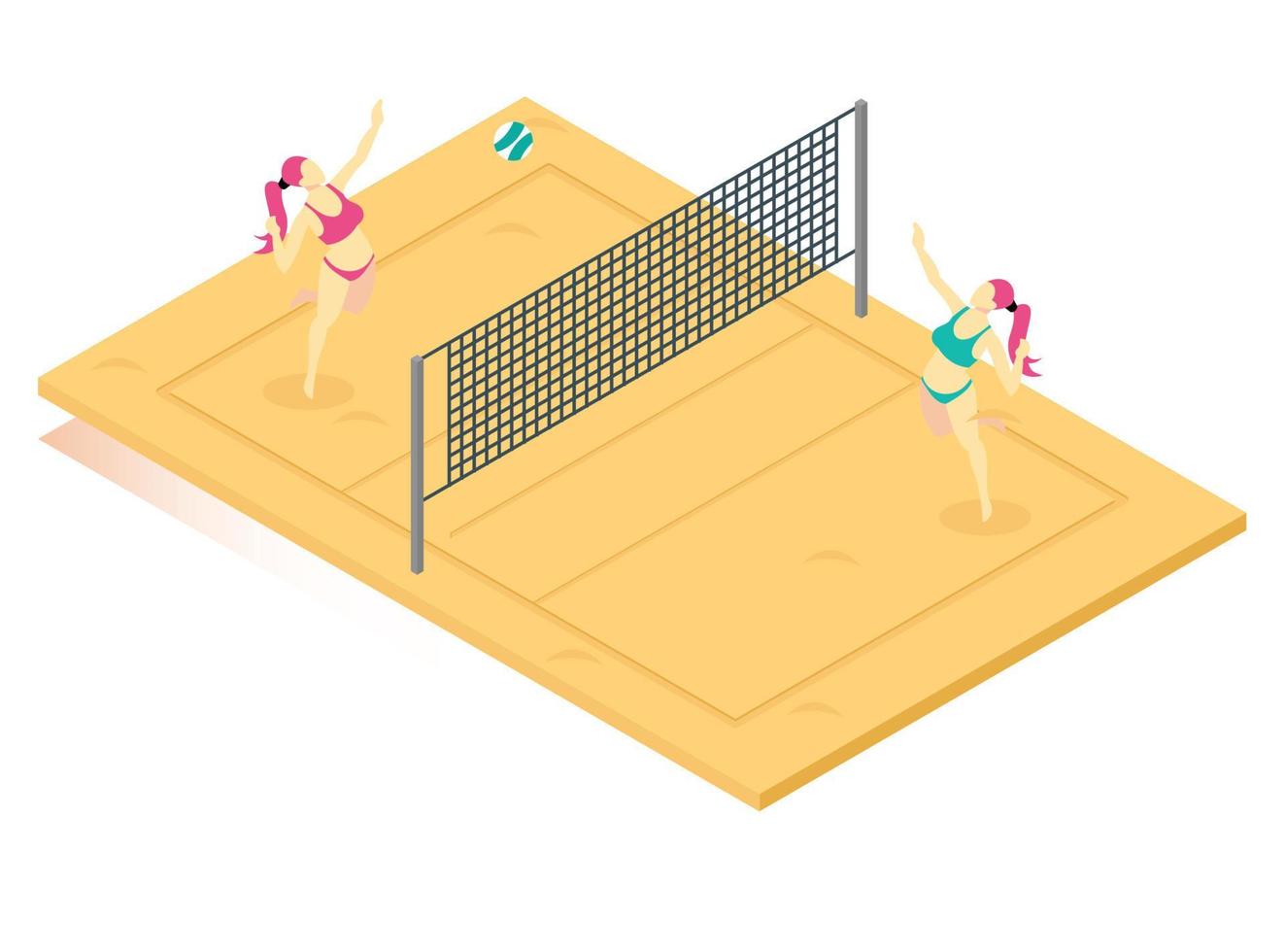 3D isometric playing beach volleyball on brown beach sand. Vector Isometric Illustration Suitable for Diagrams, Infographics, And Other Graphic assets