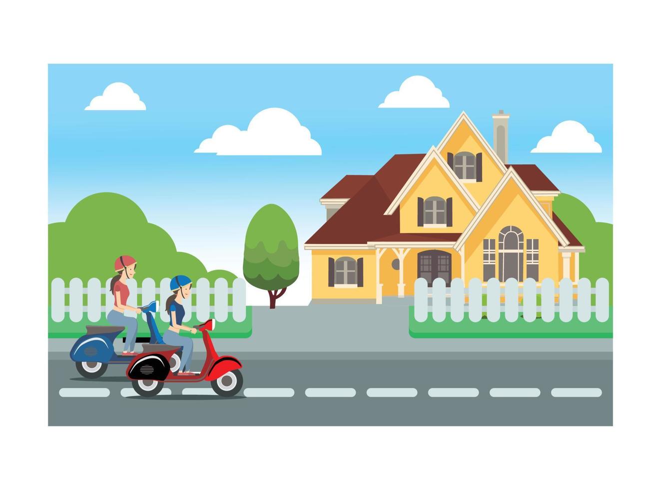 Flat illustration of vespa ride with friend on roadside .Vector Illustration Suitable for Diagrams, Infographics and Other Graphical assets vector
