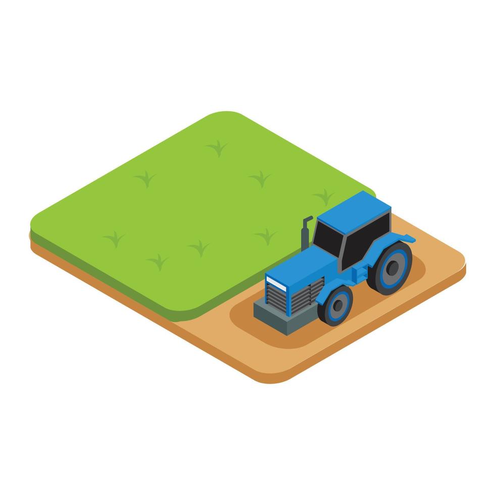 3D Isometric Tractor works in a field. Agriculture machinery. Plowing in the field. Heavy agricultural machinery for fieldwork. vector