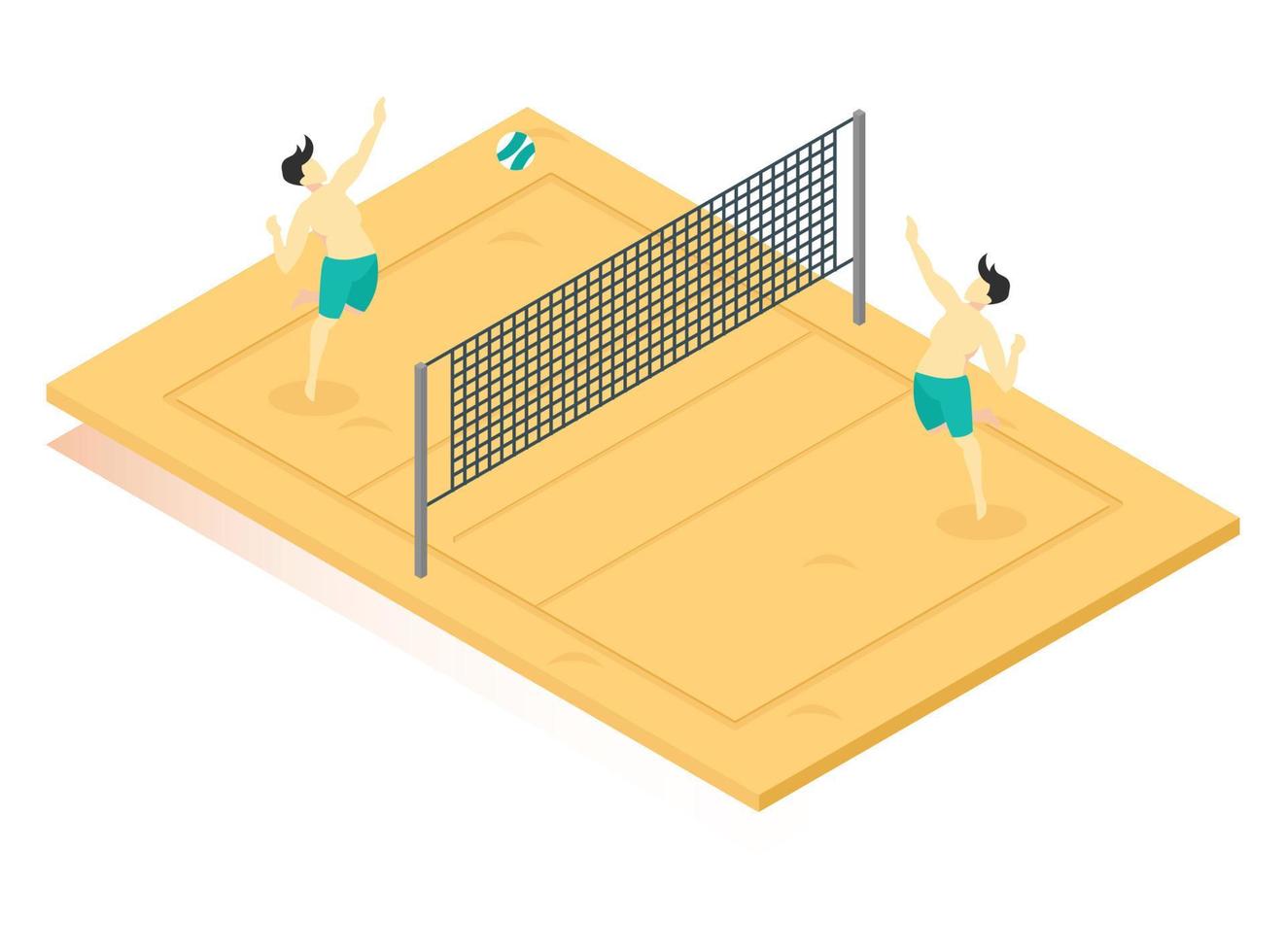 3d isométrico jugando voleibol de playa en arena de playa marrón. ilustración isométrica vectorial adecuada para diagramas, infografías y otros activos gráficos vector