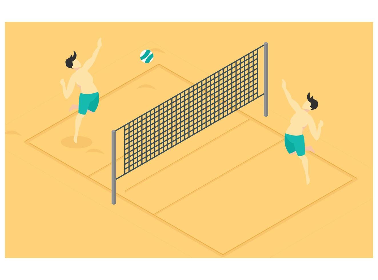 3D isometric playing beach volleyball on brown beach sand. Vector Isometric Illustration Suitable for Diagrams, Infographics, And Other Graphic assets