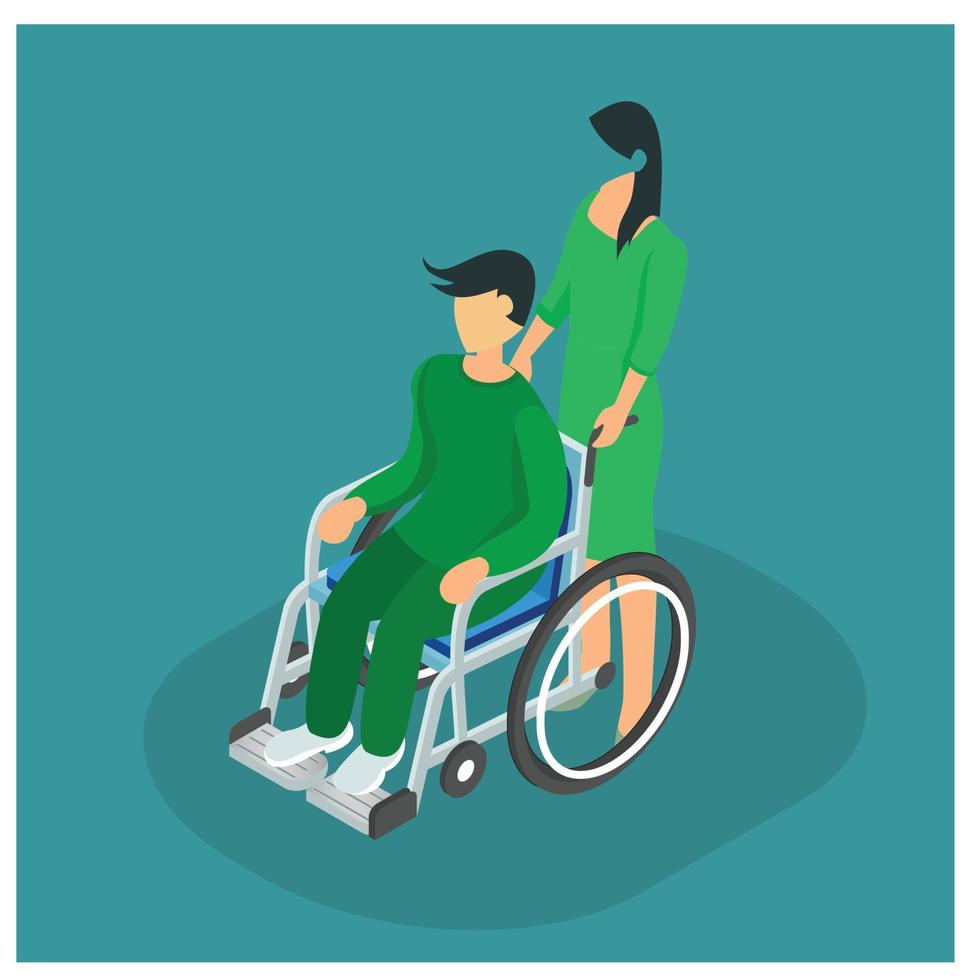 3D isometric pushing a patient in a wheelchair.  Vector Isometric Illustration Suitable for Diagrams, Infographics, And Other Graphic assets