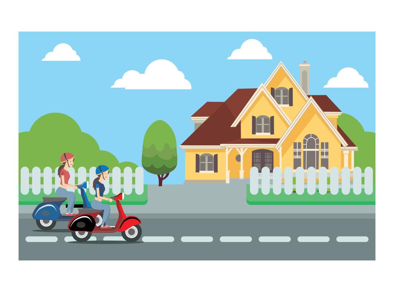 Flat illustration of vespa ride with friend on roadside .Vector Illustration Suitable for Diagrams, Infographics and Other Graphical assets vector