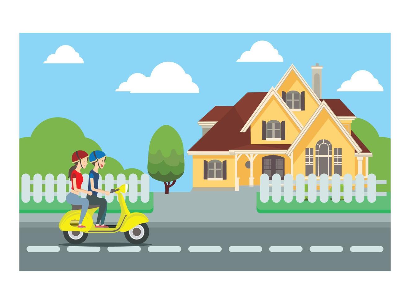 Flat illustration of vespa ride with friend on roadside .Vector Illustration Suitable for Diagrams, Infographics and Other Graphical assets vector
