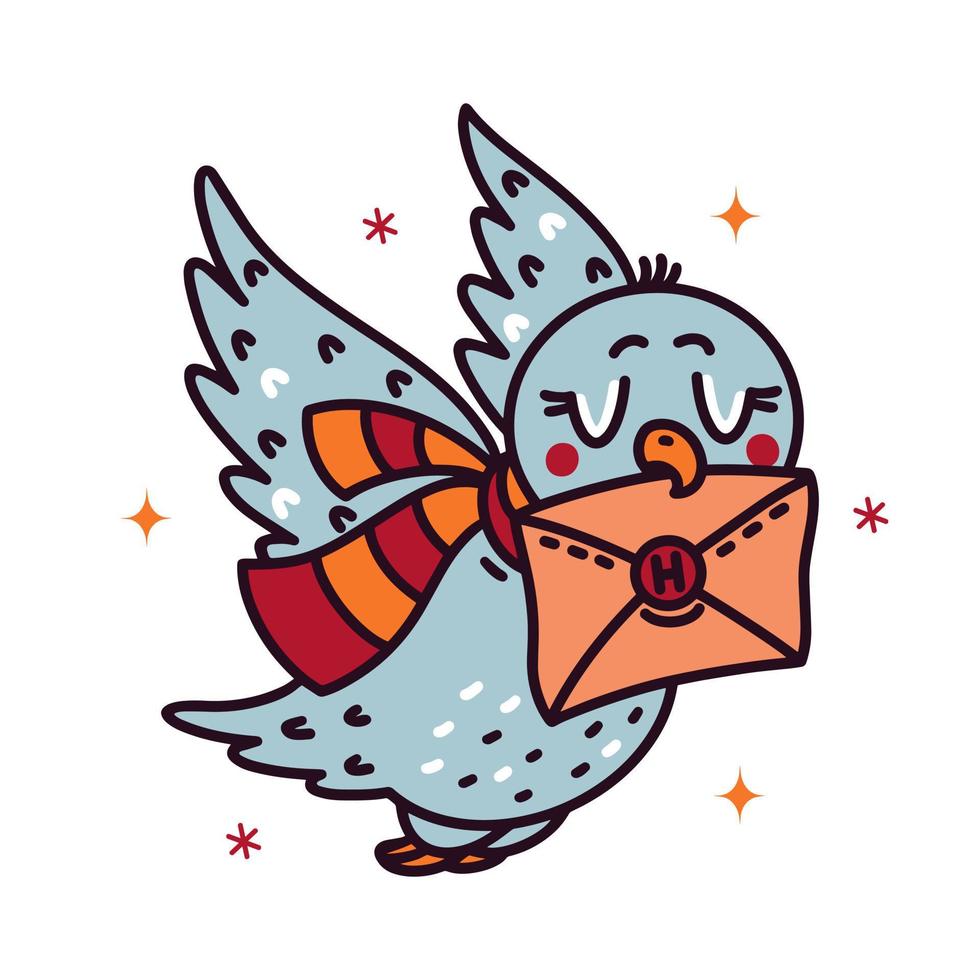 lindo búho vuela, entrega una carta. icono de vector sencillo. el pájaro tiene un mensaje de la escuela de magia en su pico. correo con sello de cera. clipart de dibujos animados planos para tarjetas, carteles. aislado en blanco