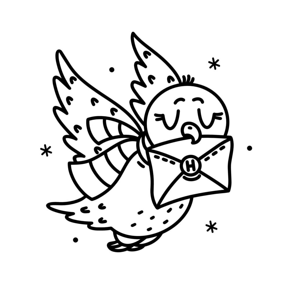 Cute owl flies, delivers a letter. Simple vector coloring book. The bird holds a message from the school of magic in its beak. Mail with wax seal. Cartoon outline for cards, posters. Isolated on white