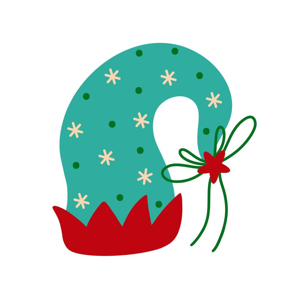 Christmas elf hat vector icon. A traditional green cap with red decor, star, bow and snowflakes. Santa Claus helper headwear. Flat cartoon clipart isolated on white. For prints, posters, cards, web