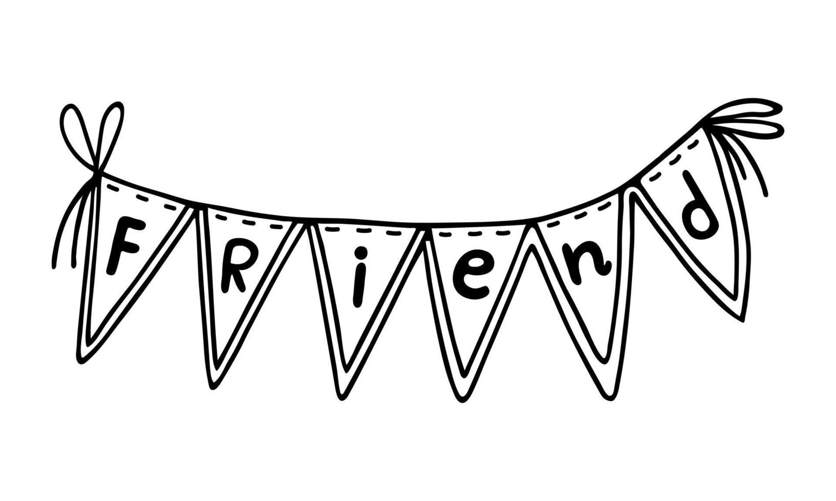 Garland with the inscription friend. Hand drawn simple vector doodle isolated on white. Triangular flags hanging from a rope. Cute decoration for holiday, party, birthday. Clipart for cards, prints