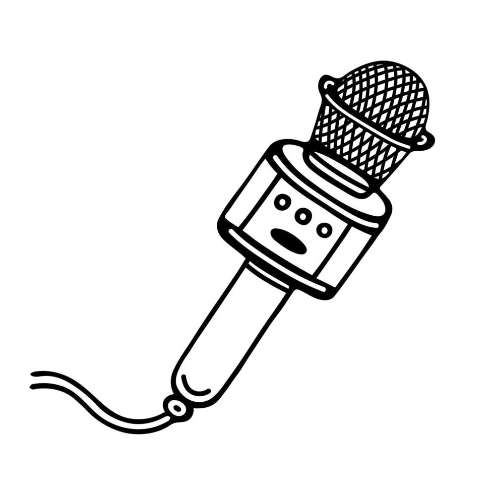 icono de vector de micrófono. dispositivo antiguo con un cable. ilustración dibujada a mano aislada en blanco. articulo musical para karaoke, transmisiones, stand-up. garabato simple, contorno. clipart de dibujos animados para logotipo, impresiones