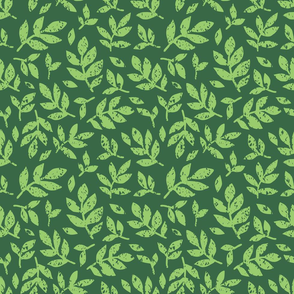 Linocut vector green leaves on dark background. Seamless vector green leaves linocut grunge pattern. Linocut vector seamless print. Great for label, print, packaging, fabric.