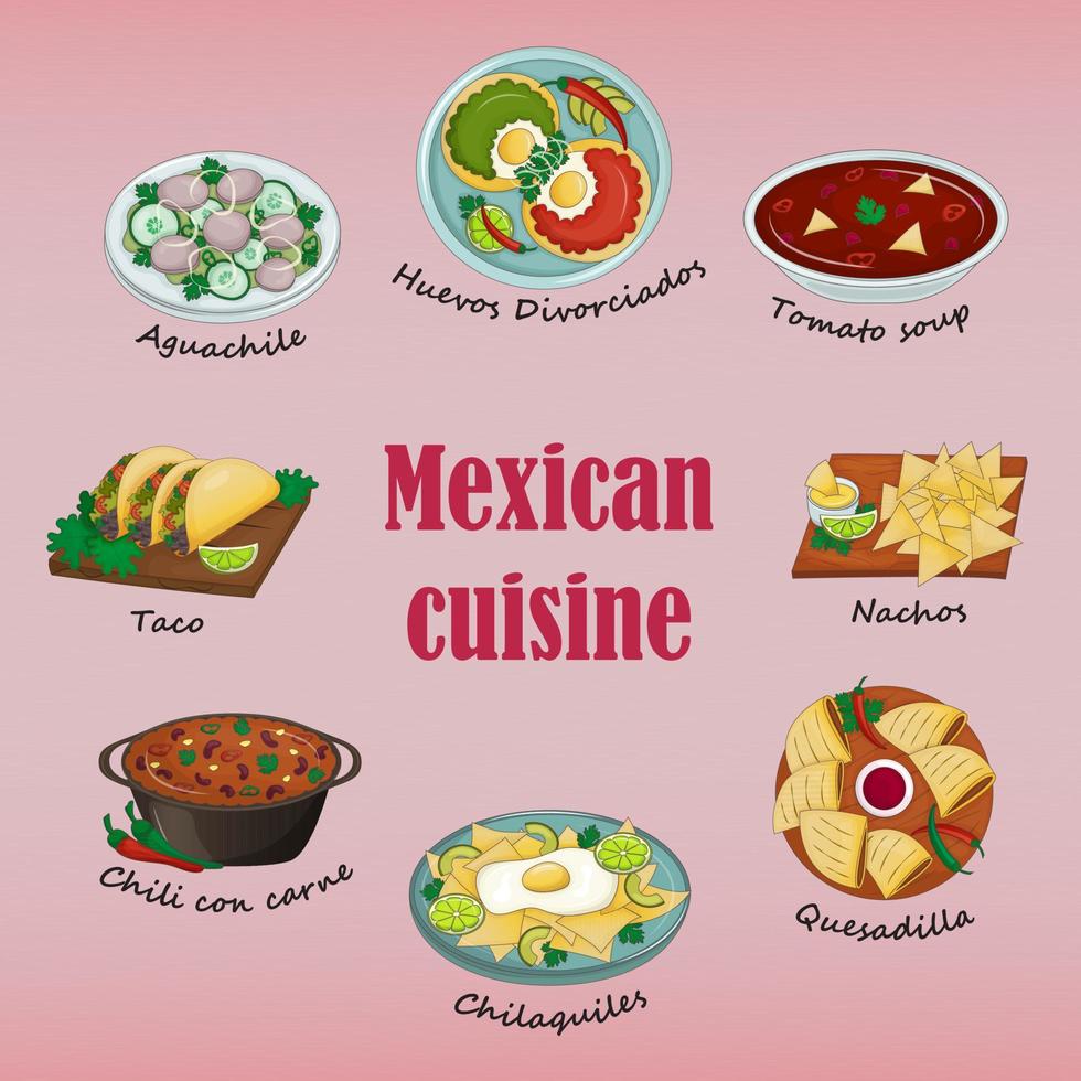 Set of Mexican dishes on pink background. Latin American traditional culture. Vector image. Cartoon.