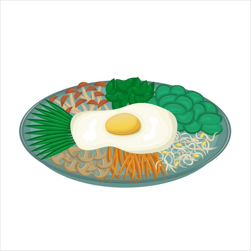 Korean national dish is bibimbap. Mushrooms, carrots, cucumbers, eggs, sprouts, onions.  Traditional Asian dish. Vector illustration. Cartoon.