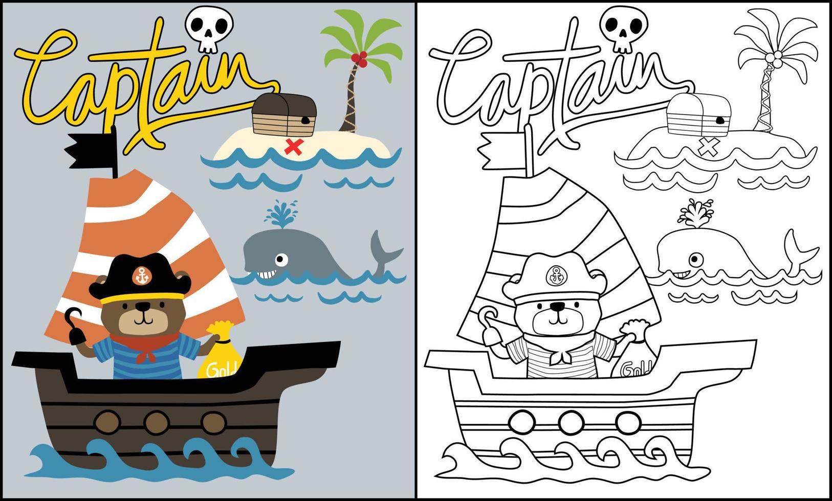 caricatura vectorial de oso gracioso disfrazado de pirata en velero, ilustración de elementos piratas, libro de color o página vector