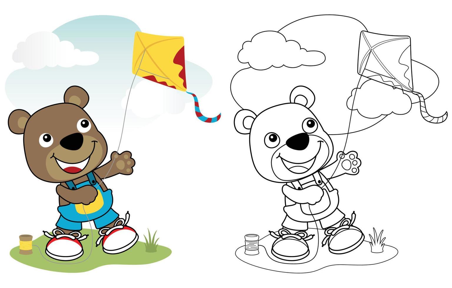 vector illustration of cute bear playing kite, coloring book or page