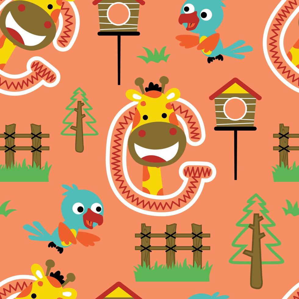 Seamless pattern vector of giraffe and bird cartoon, zoo elements illustration