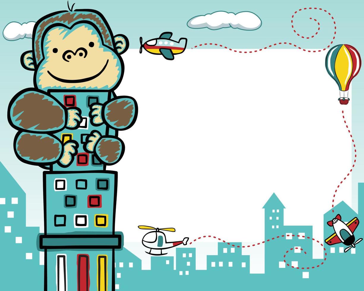 borde de marco de dibujos animados de king kong escalando en un edificio con transporte aéreo, para la plantilla de tarjeta de invitación de fiesta infantil. vector