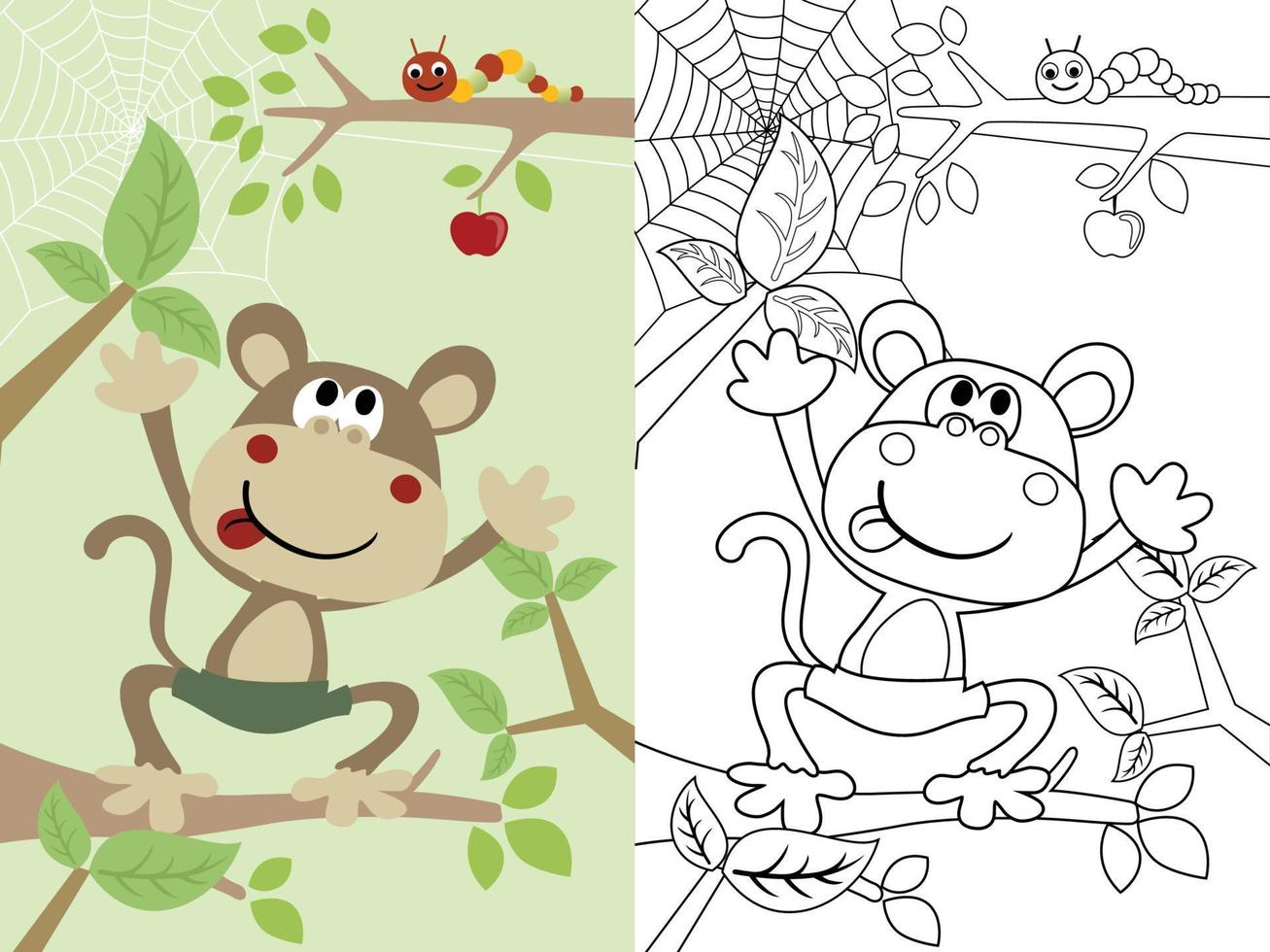 vector illustration of funny monkey cartoon on tree with caterpillar, coloring book or page