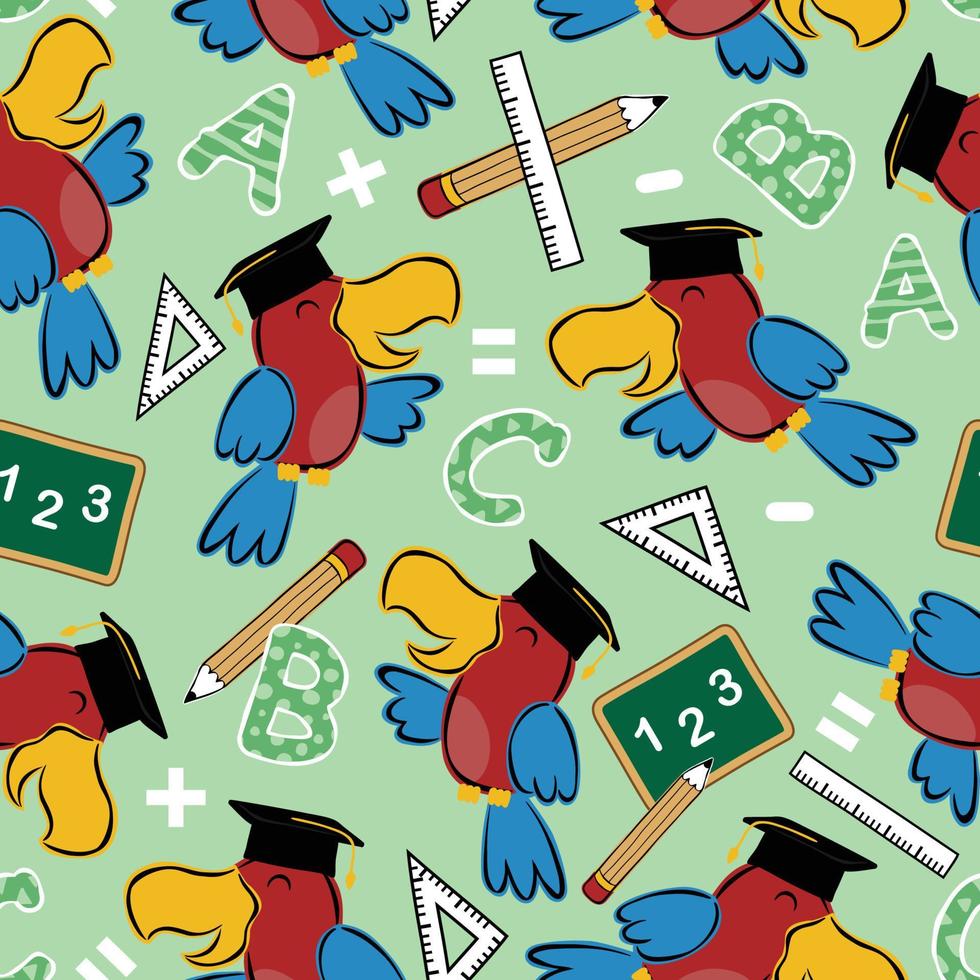 Seamless pattern vector of bird wearing graduated hat with school supplies cartoon, school elements illustration