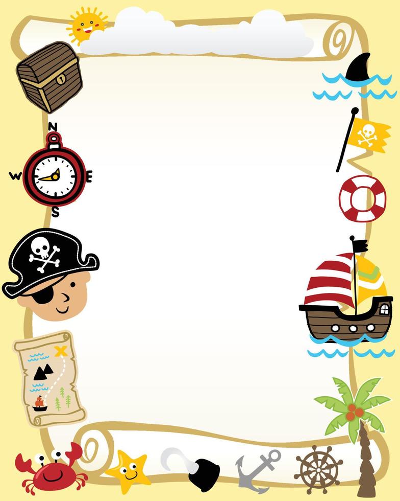 frame border of pirates theme cartoon for kids party invitation card template. vector