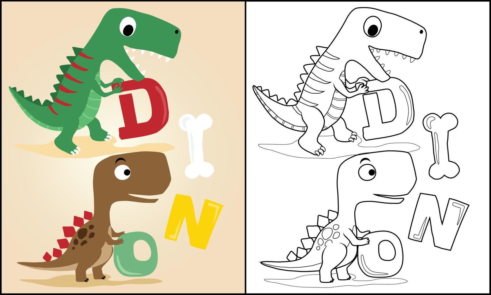 Cartoon of dinosaurs holding letters, coloring book or page vector