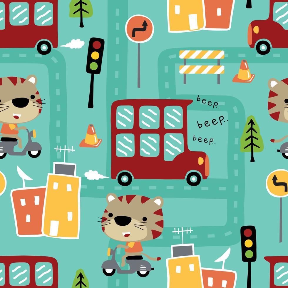 vector de patrones sin fisuras de transportes urbanos con lindo tigre en scooter, dibujos animados de elementos del paisaje urbano