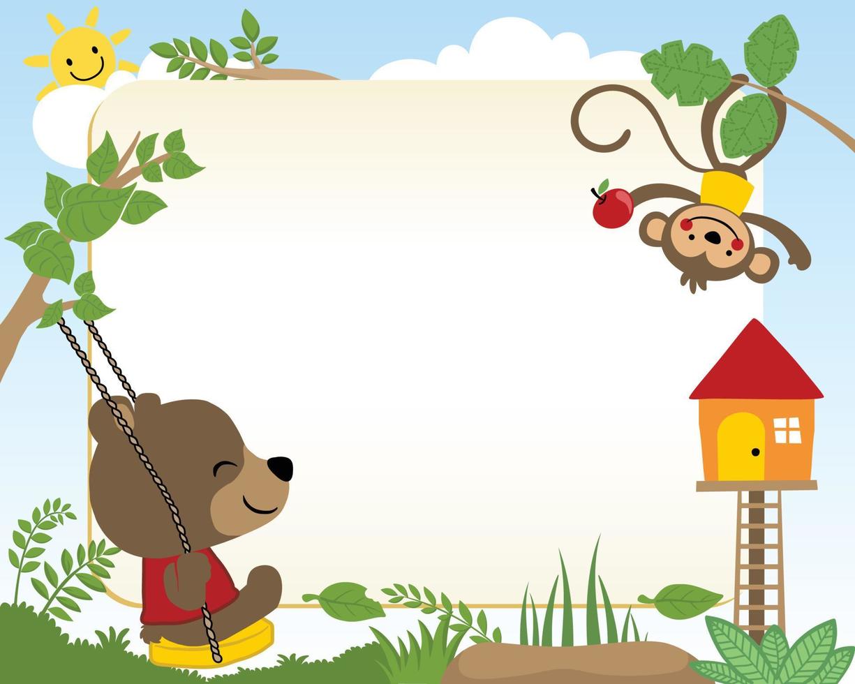 frame border of bear cartoon playing swing with cute monkey in park, for kids party invitation card template. vector