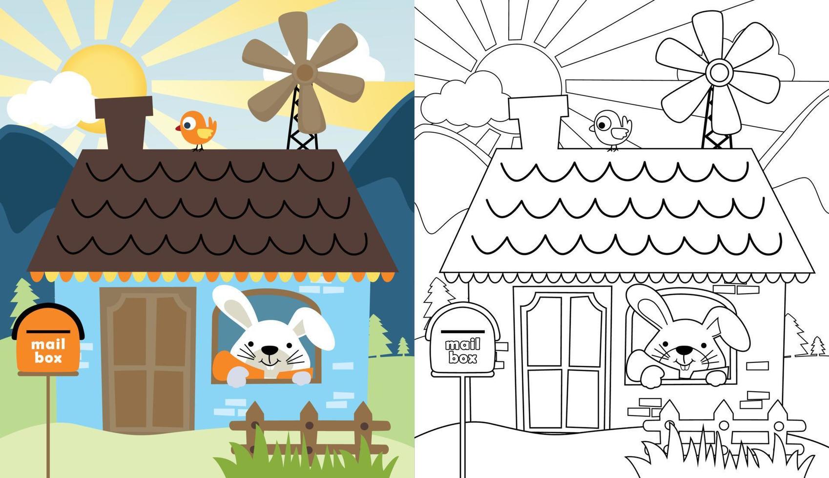 Vector cartoon of cute bunny in a house on sunrise background, coloring book or page