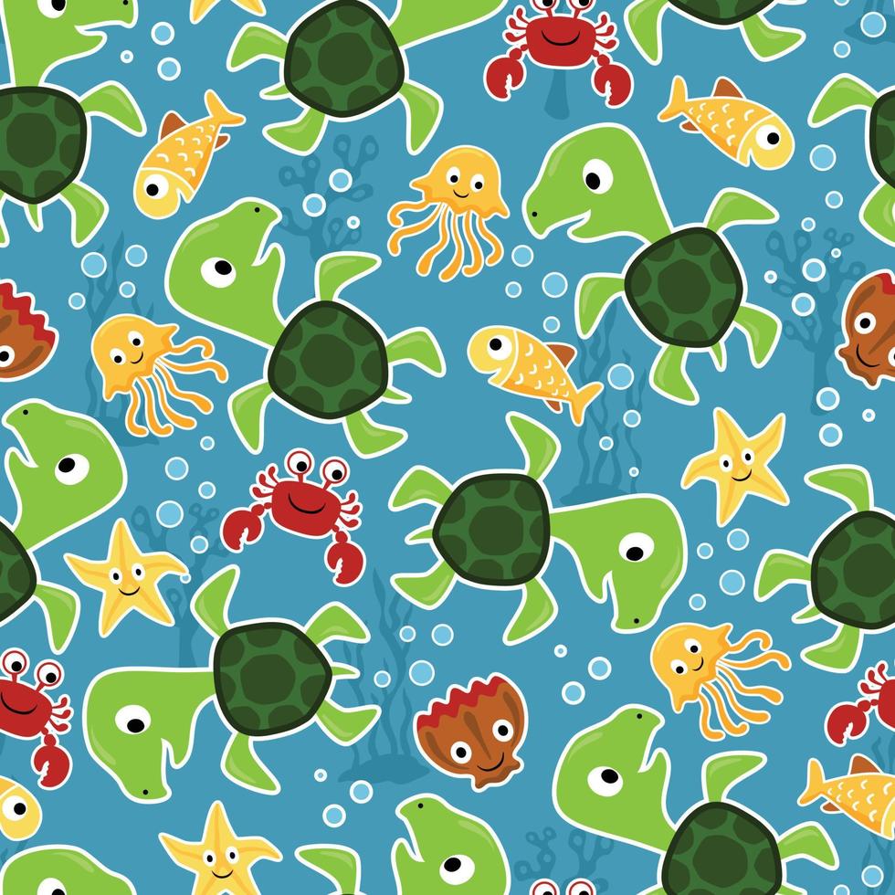 Seamless pattern vector with cute marine animals cartoon, undersea elements illustration