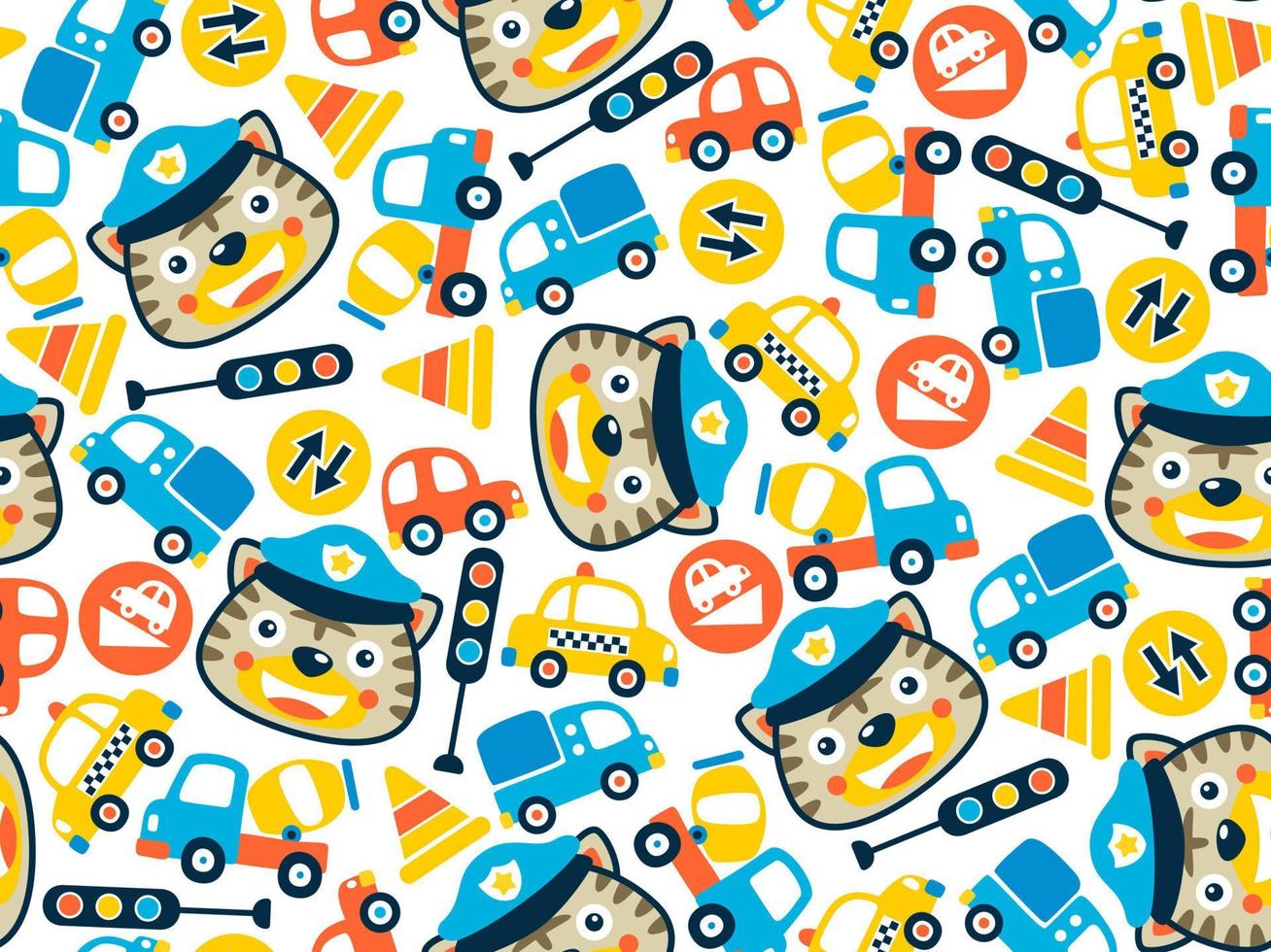 vector de patrones sin fisuras de gato divertido en gorra de policía con coches coloridos y señales de tráfico. ilustración de dibujos animados de vectores