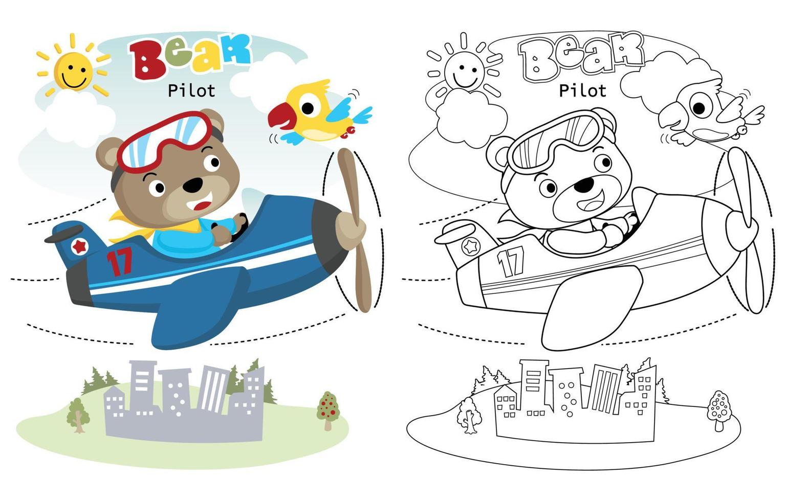 vector illustration of pilot bear on airplane with little bird, coloring book or page