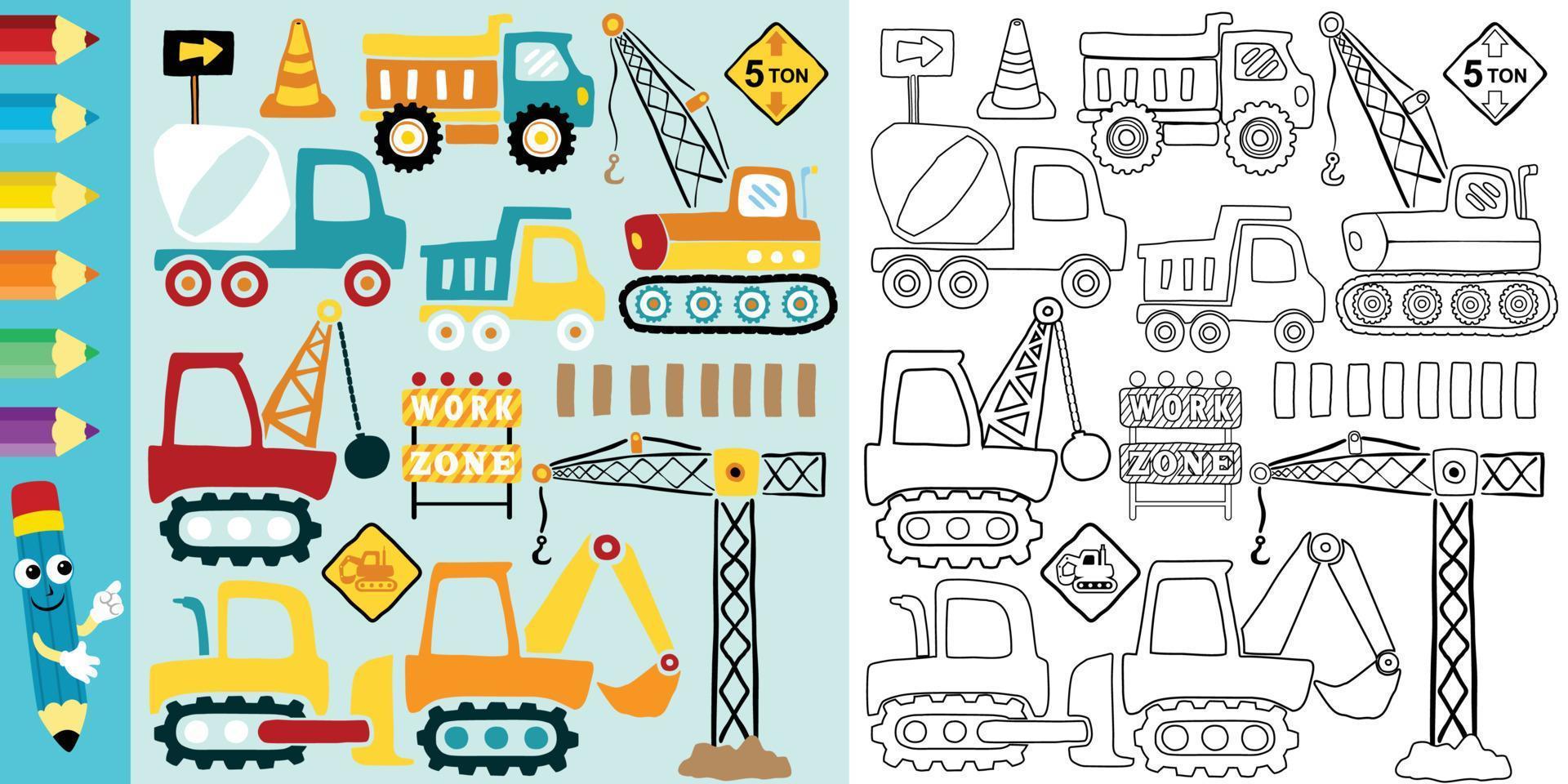 Vector set of hand drawn construction vehicles cartoon, construction elements, coloring book or page