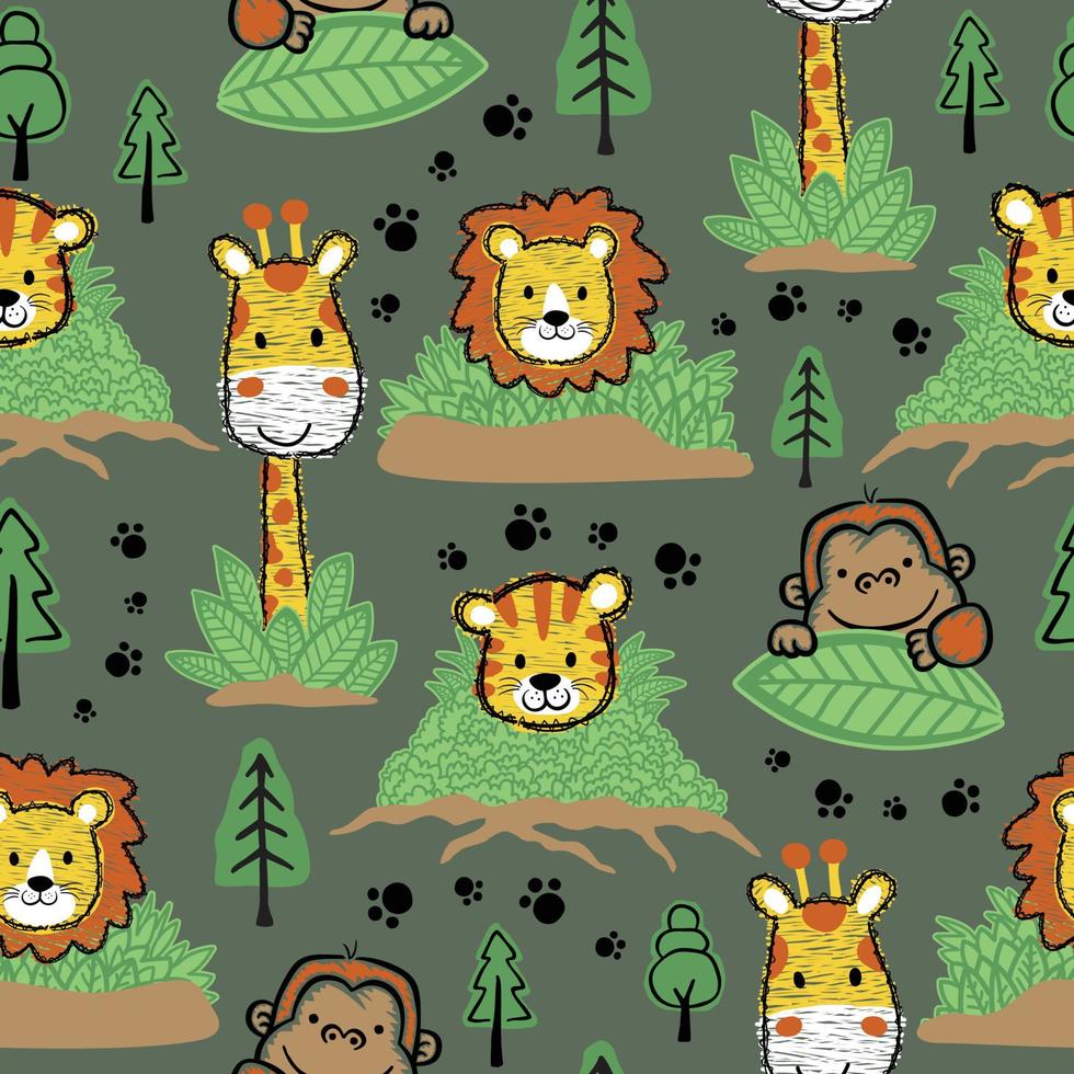vector seamless pattern of hand drawn animals cartoon, forest elements illustration