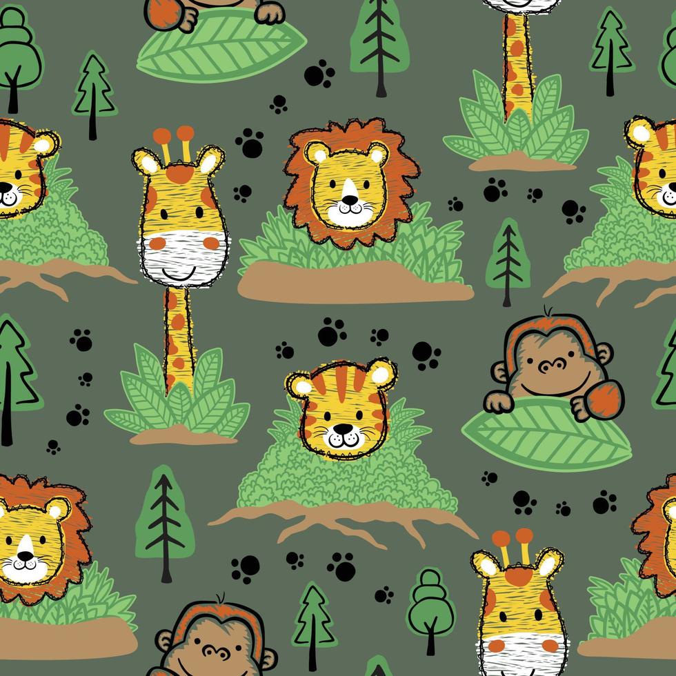 vector seamless pattern of hand drawn animals cartoon, forest elements illustration