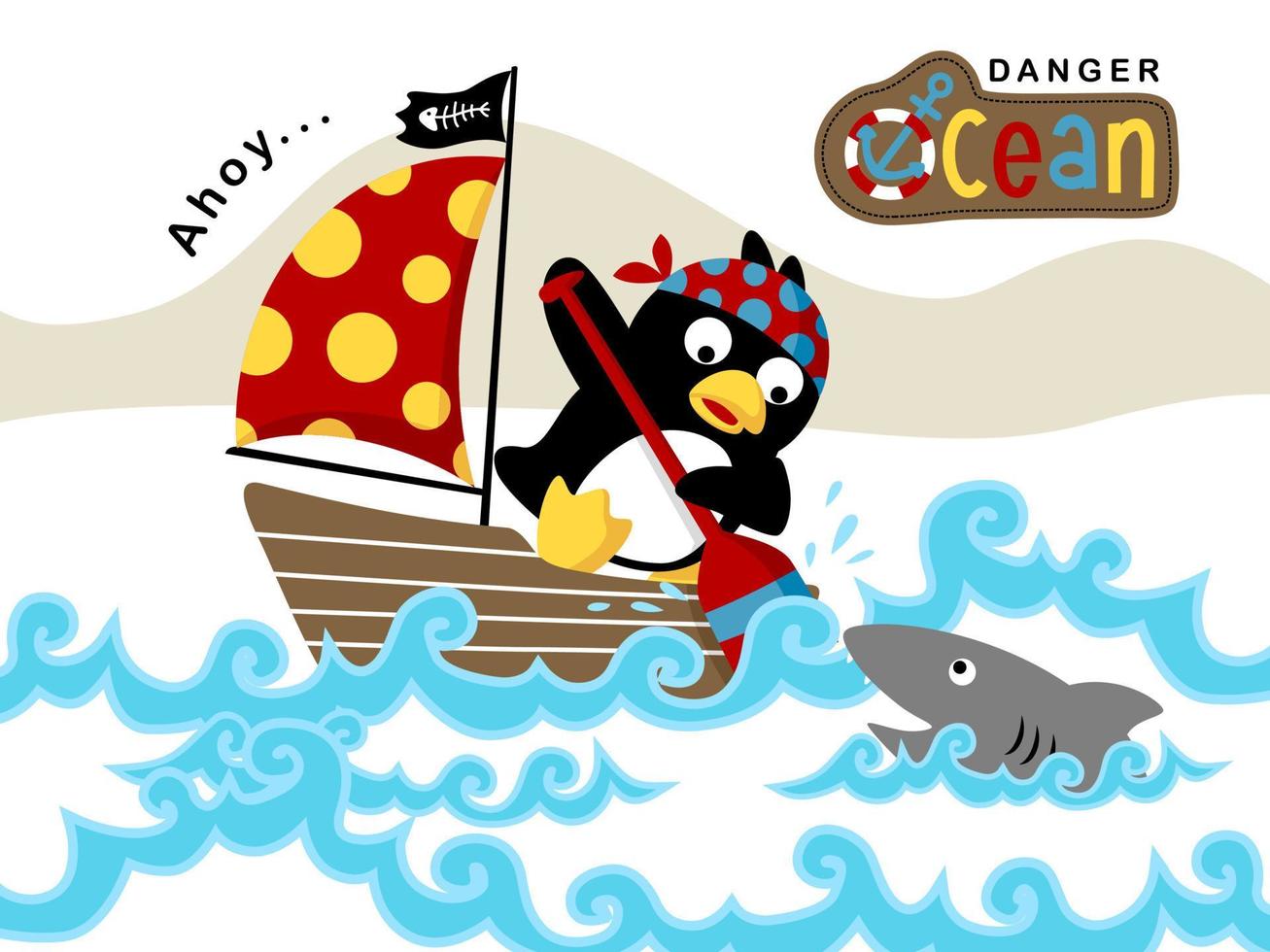 Vector illustration of cartoon penguin on sailboat under shark attack