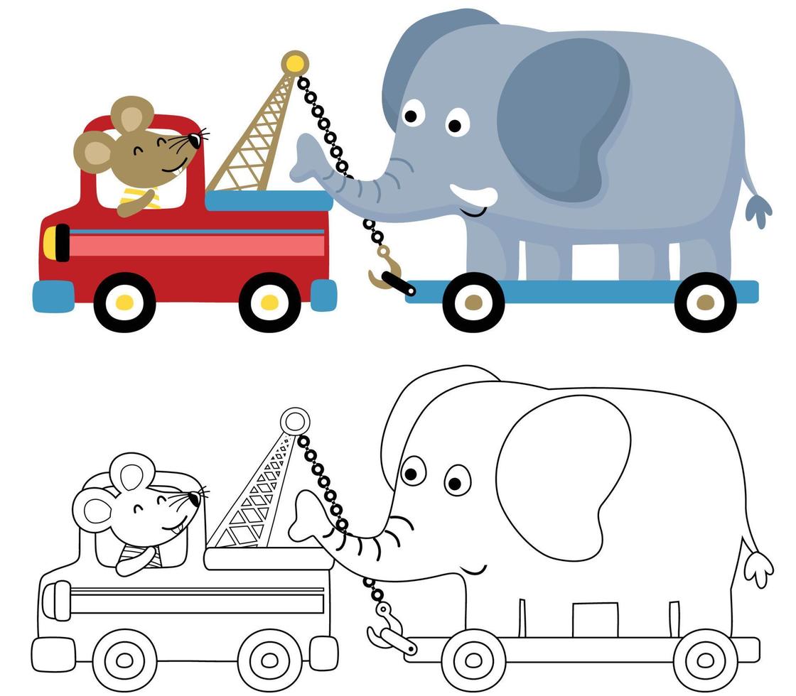 ilustración vectorial de un pequeño ratón conduciendo un camión de remolque, tirando de un elefante en el carro, libro de colorear o página vector