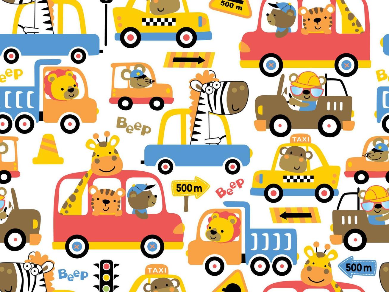 vector de patrones sin fisuras de dibujos animados de vehículos con conductor de animales divertidos
