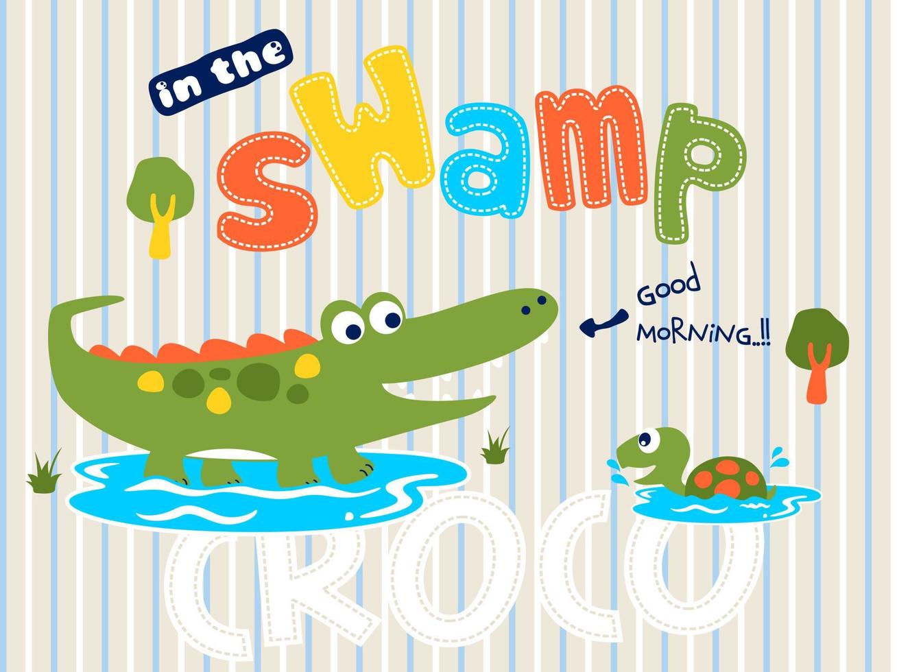 vector de dibujos animados de cocodrilo y tortuga en el pantano