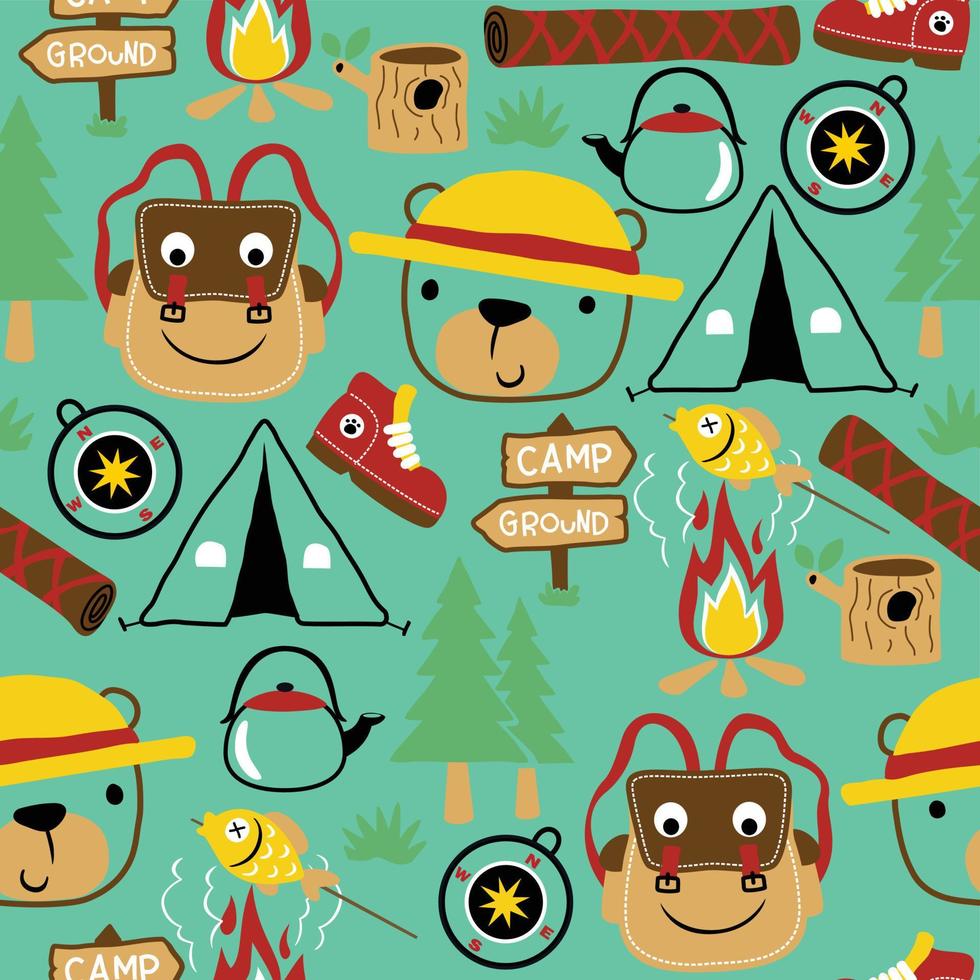 seamless pattern vector of camping elements cartoon with funny bear