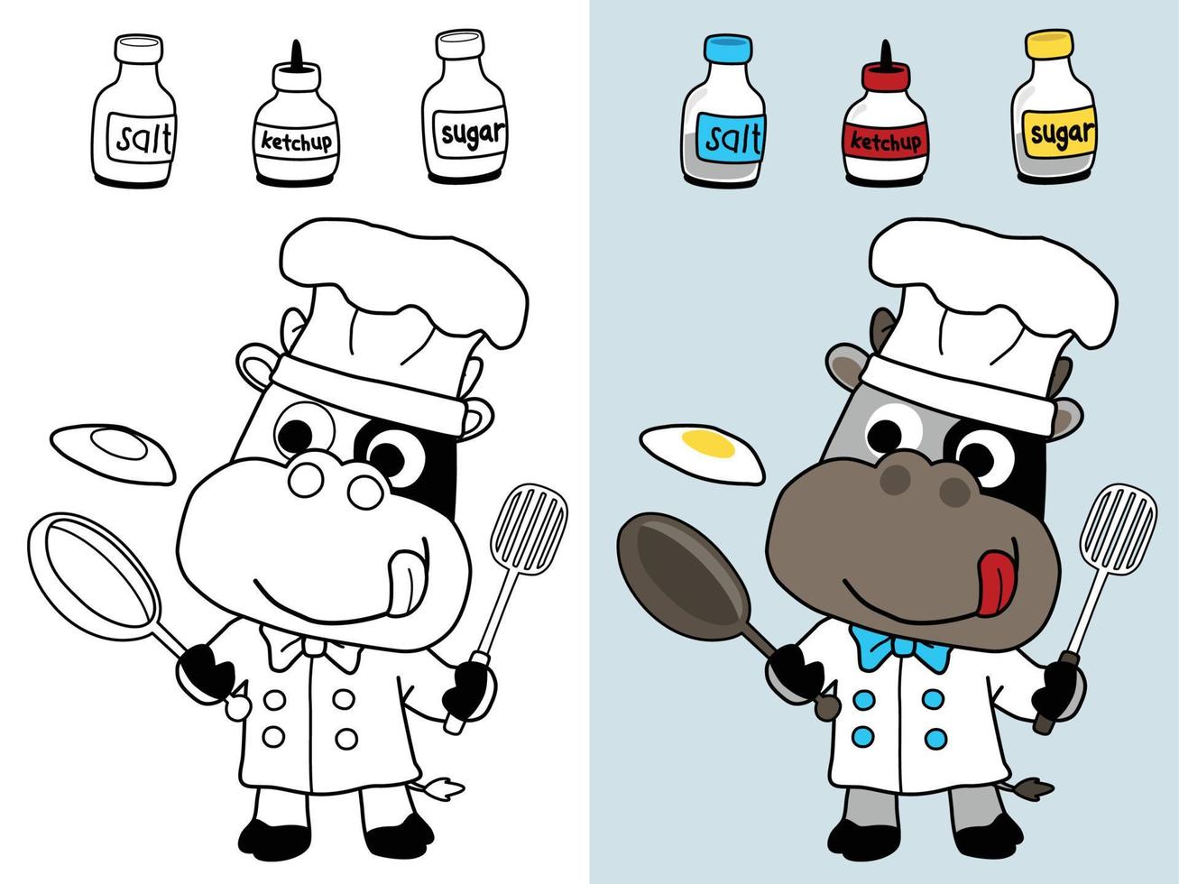 ilustración vectorial de dibujos animados de vaca disfrazados de chef con tarros de especias, libro de colorear o página vector