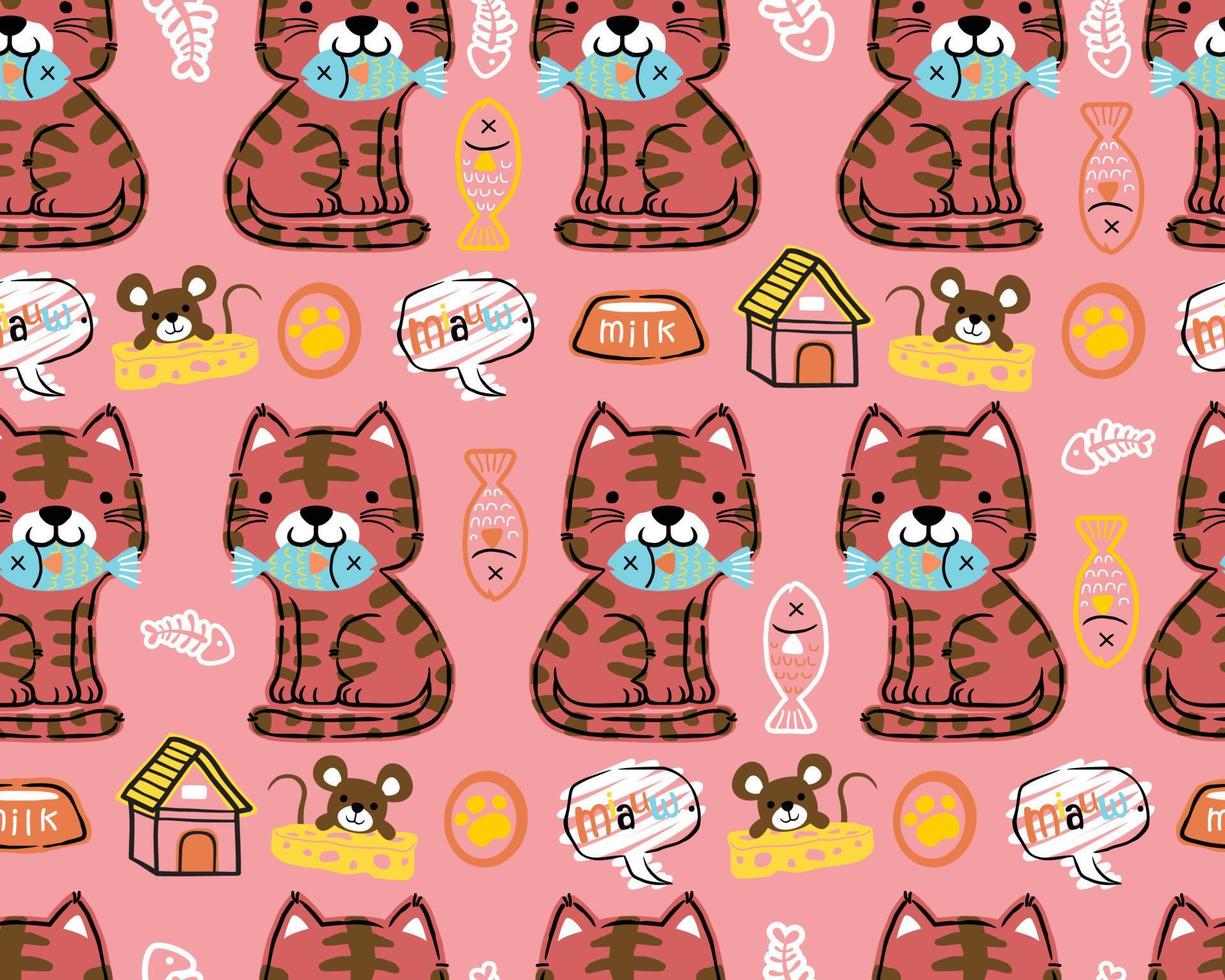 vector seamless pattern of cat cartoon with mouse, pet elements illustration