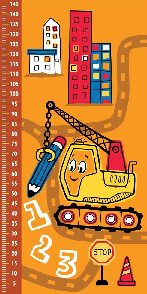 height measurement wall with hand drawn funny construction vehicle cartoon, construction elements cartoon vector
