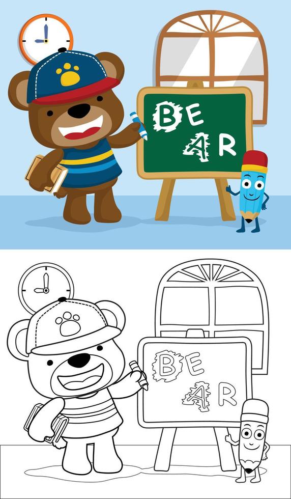 coloring book or page of cute bear cartoon with funny pencil in class room vector