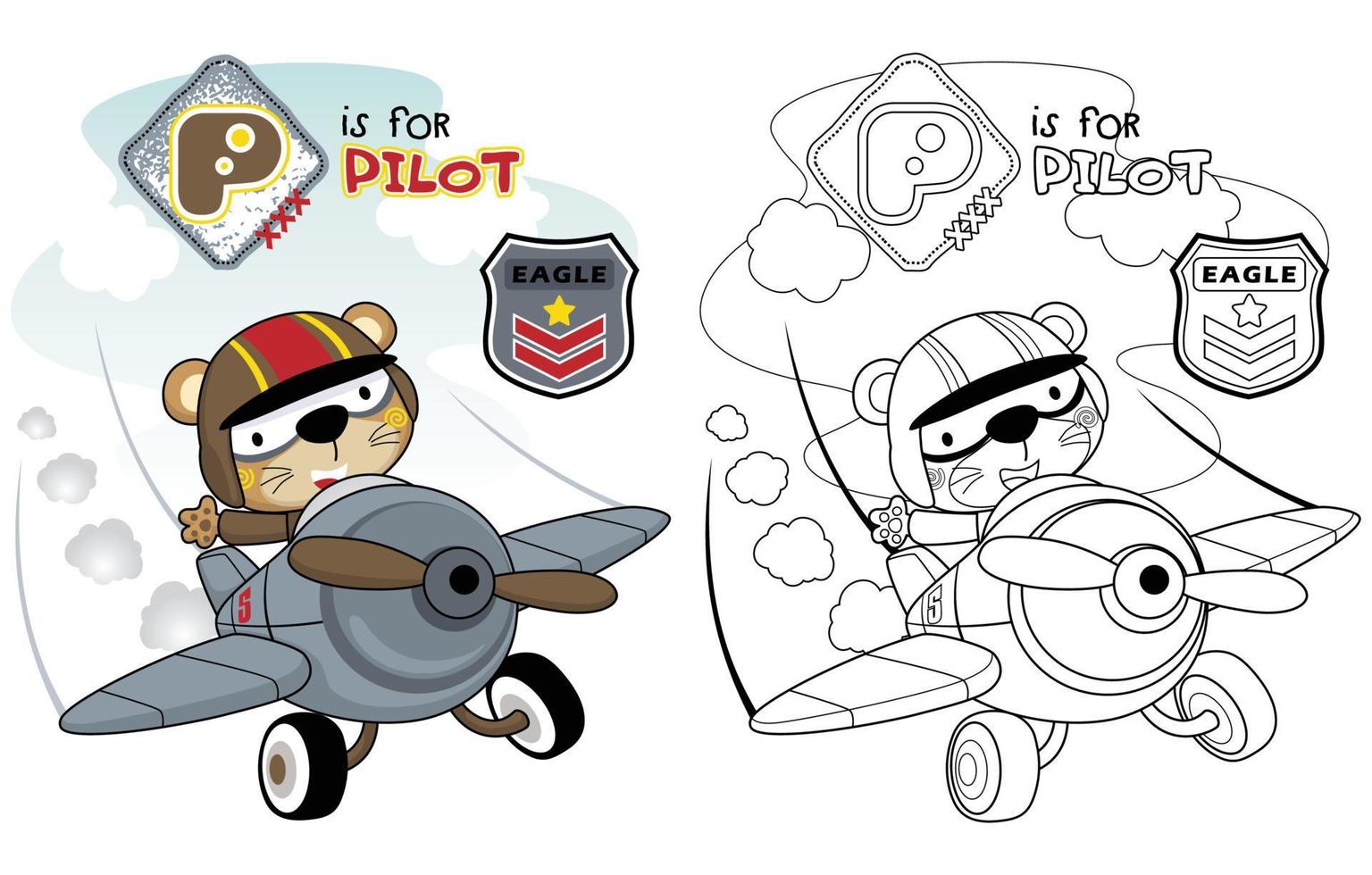 ilustración vectorial de piloto divertido en avión, libro de colorear o página vector