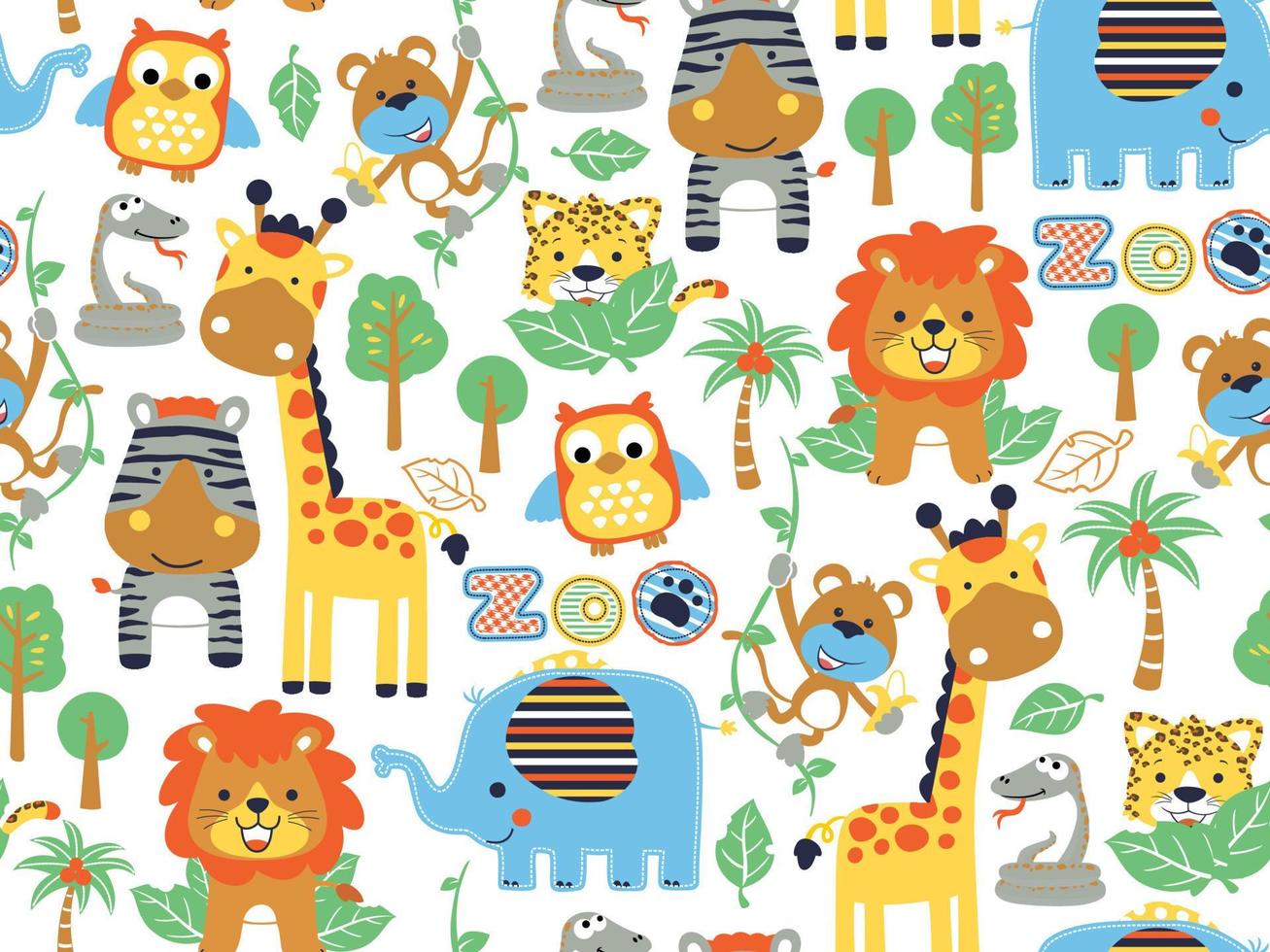 seamless pattern of funny animals cartoon, forest elements illustration vector