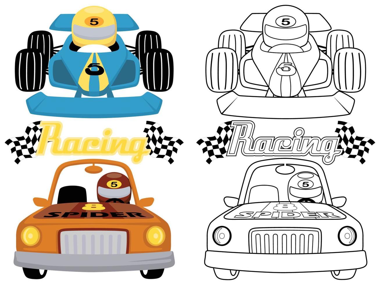 ilustración vectorial de autos de carrera, libro para colorear o página vector