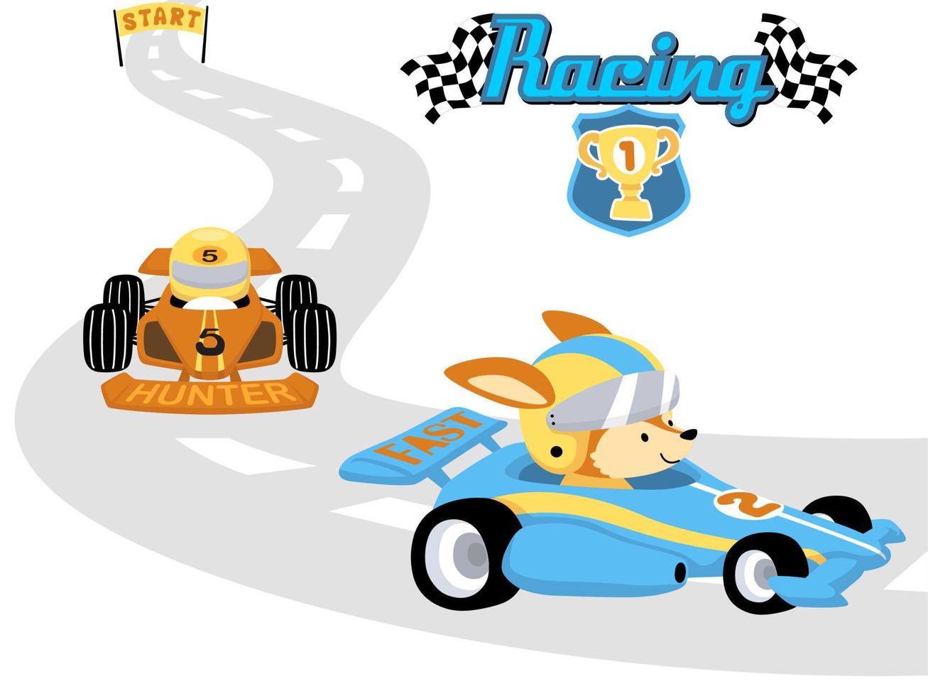 ilustración vectorial de divertidos dibujos animados de carreras de autos con lindo zorro, dibujos animados de elementos de carreras de autos vector
