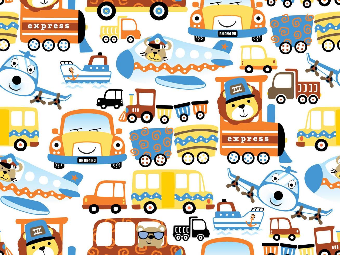 vector de patrones sin fisuras de dibujos animados de vehículos coloridos con conductor de animales lindos